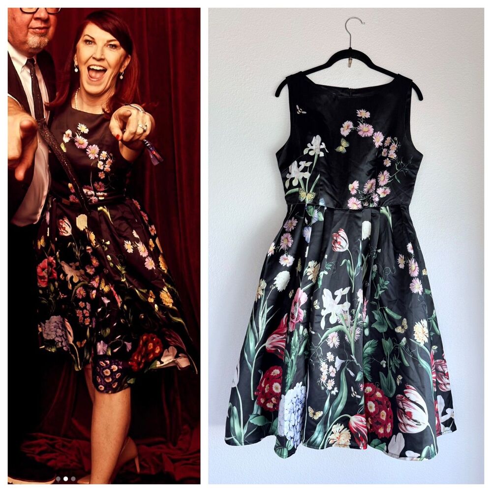 NWOT Dalhia MacPhee Cascading Floral Sleeveless Fit & Flare Dress in Black Sz S